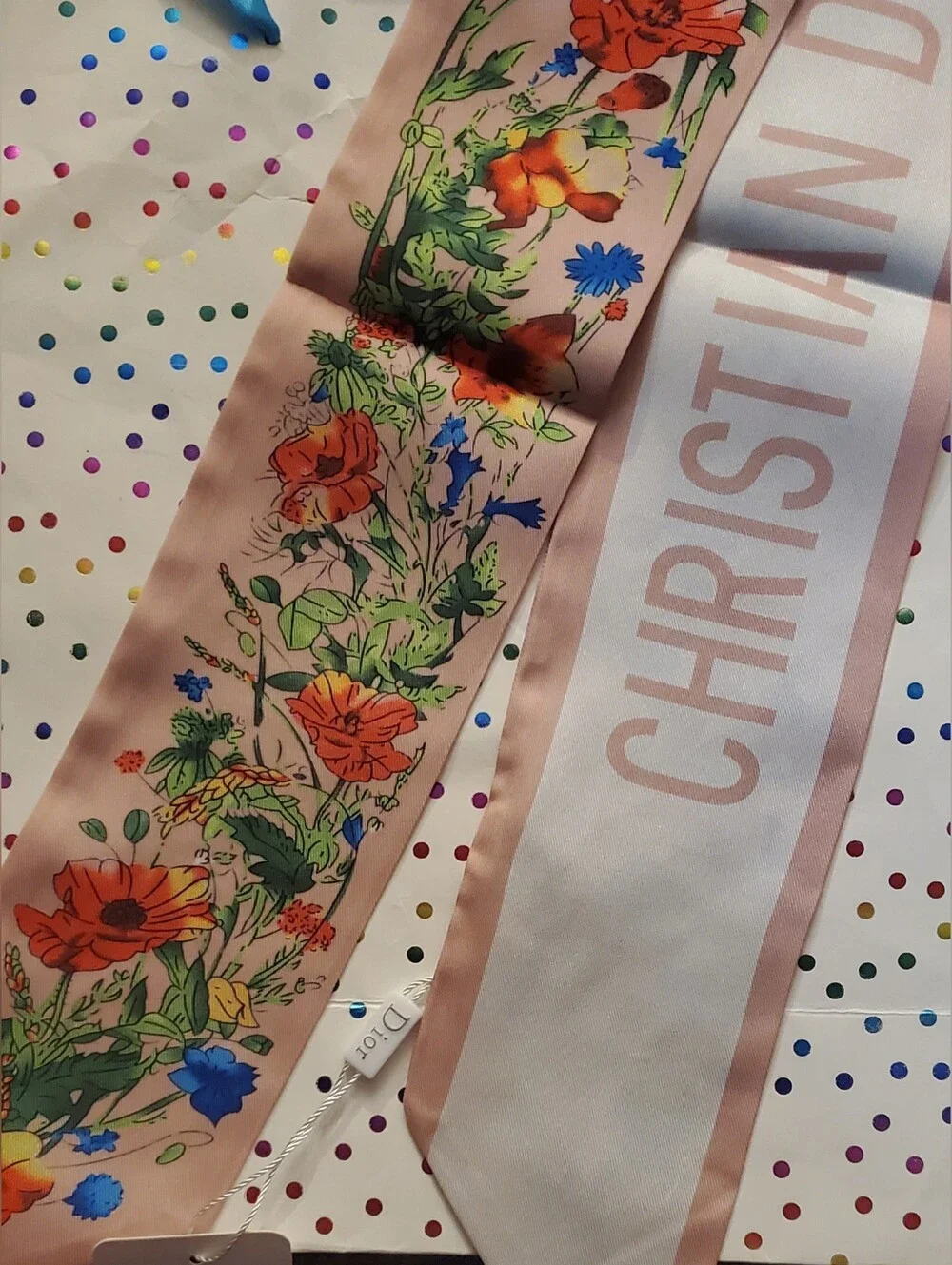 Source Unknown Blush Pink Floral Silk Scarf with Orange, Blue & Green Accents